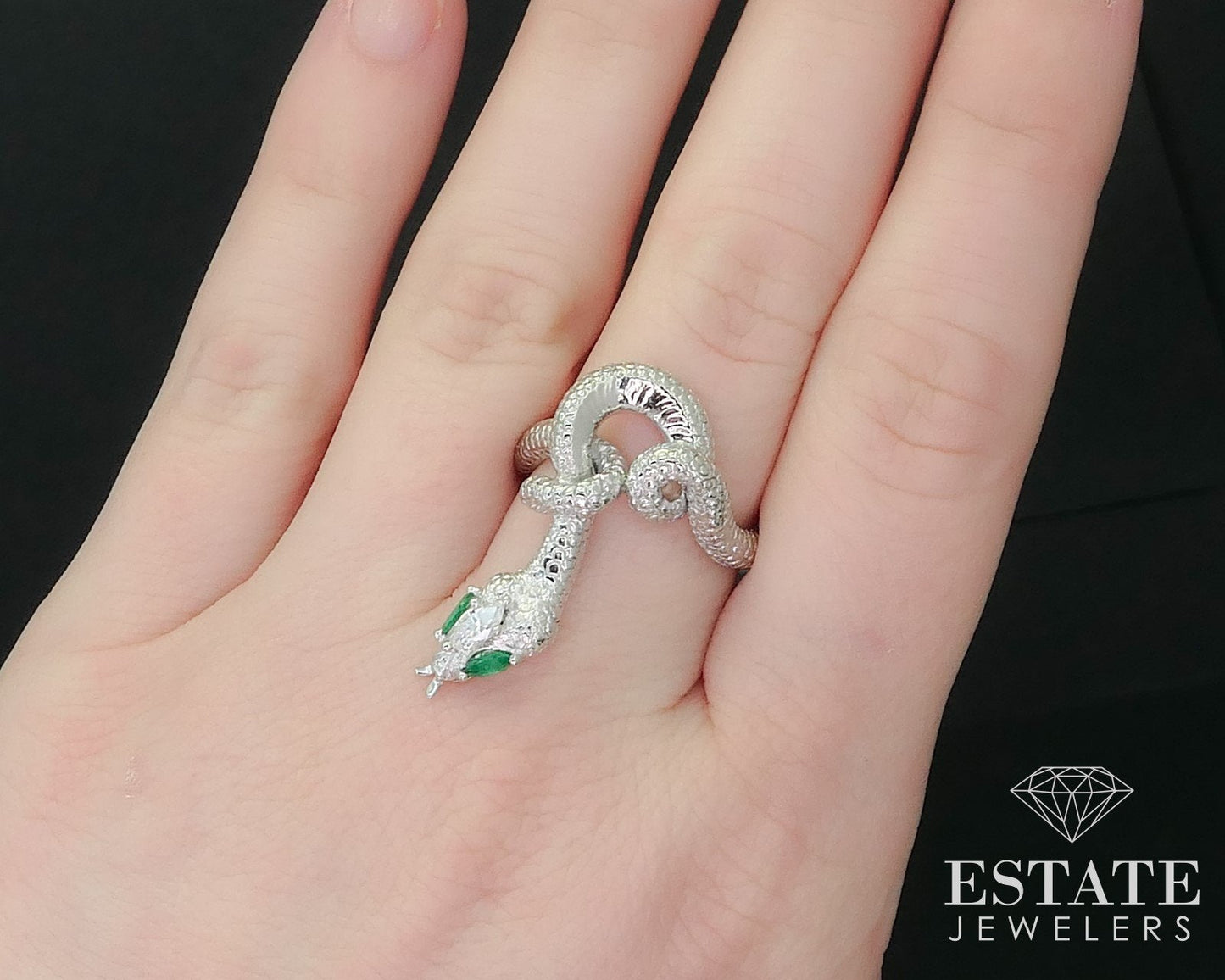 18k White Gold Natural Diamond & Emerald Snake Coiled Ladies Ring 13.6g i15996