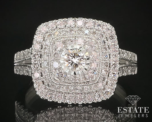 10k White Gold Round Natural 1.00ctw Diamond Halo Engagement Ring 4.8g i16032