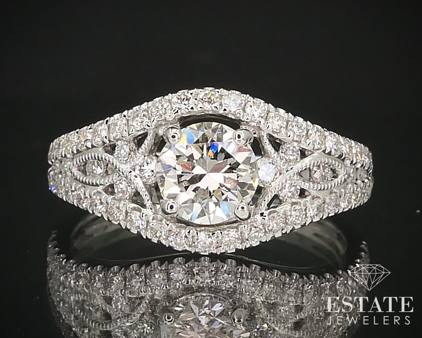18k White Gold Round Natural 1.38ctw Diamond Filigree Engagement Ring 3g i16026