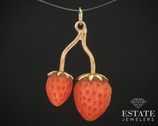 Antique 17k Yellow Gold Carved Natural Coral Strawberry Charm 3.1g i16016