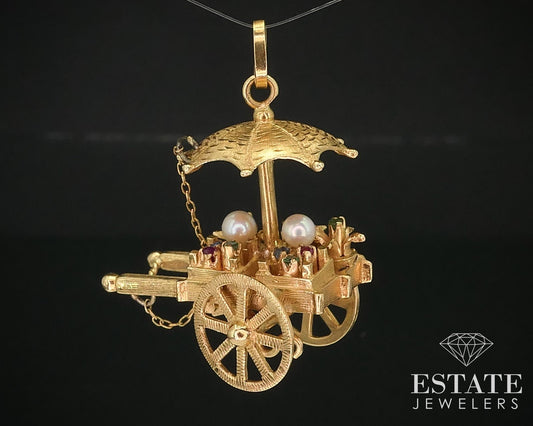 Vintage 18k Yellow Gold Dimensional Movable Flower Cart Charm 16.4g i16017