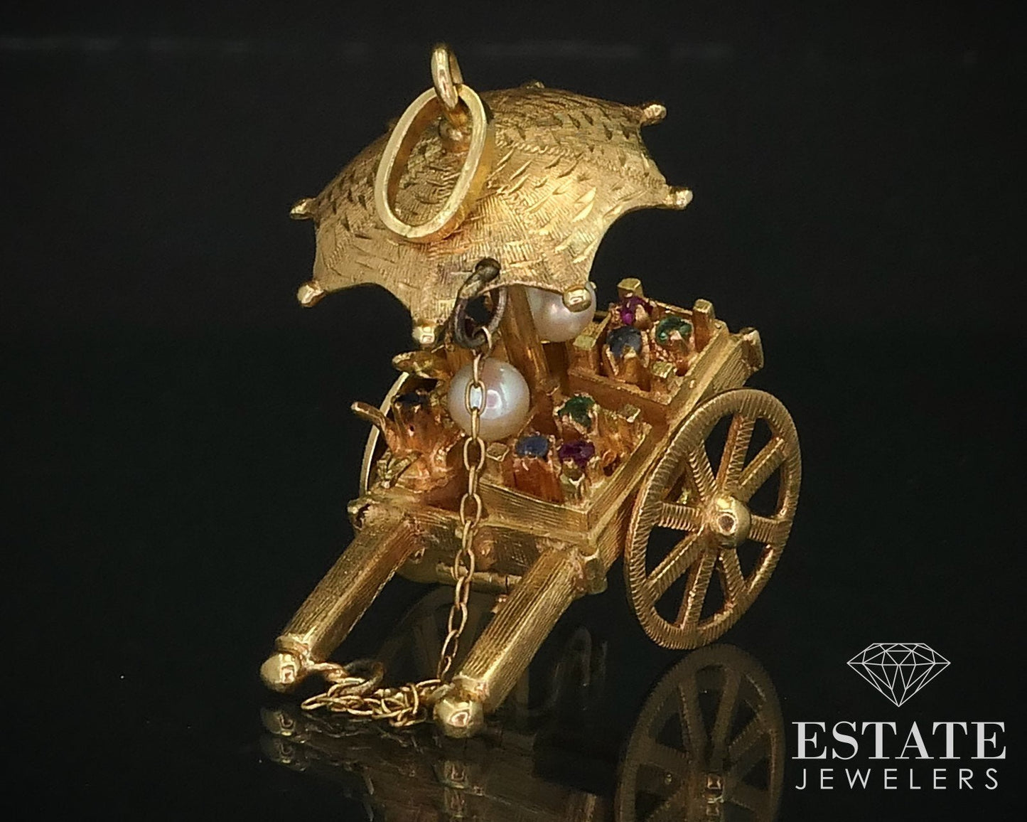 Vintage 18k Yellow Gold Dimensional Movable Flower Cart Charm 16.4g i16017