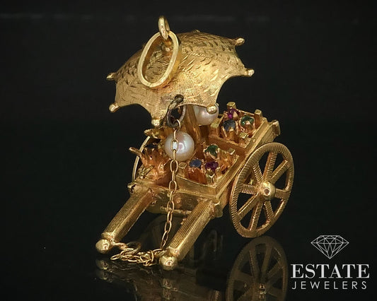 Vintage 18k Yellow Gold Dimensional Movable Flower Cart Charm 16.4g i16017