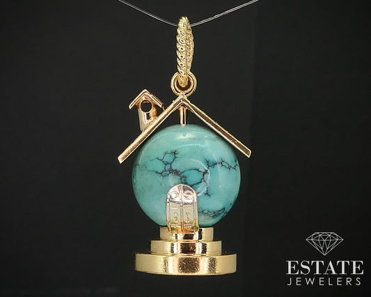 Vintage 18k Yellow Gold 15.8mm Turquoise Dimensional Globe Charm 13.3g i16018
