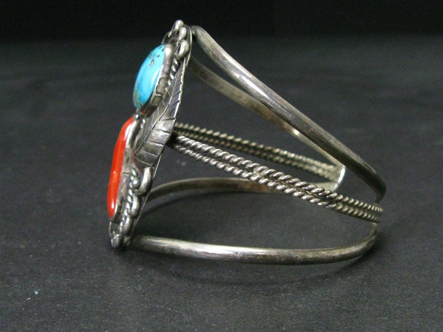 Vintage Sterling Natural Turquoise & Coral Navajo Cuff Bracelet 23.2g i16086