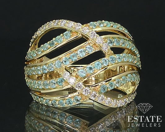 18k Yellow Gold Natural Paraiba Tourmaline & Diamond Band Ring 7.0g i16065