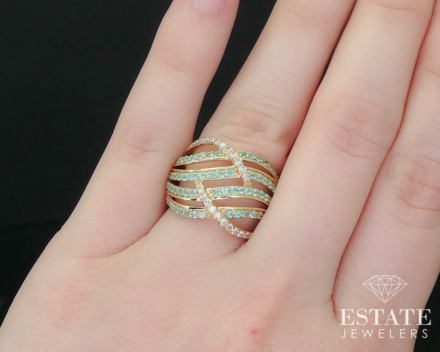 18k Yellow Gold Natural Paraiba Tourmaline & Diamond Band Ring 7.0g i16065