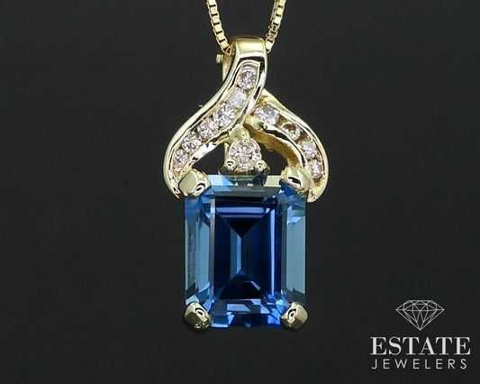 14K Yellow Gold Natural London Blue Topaz & Diamond Necklace 3.5g 18"L i16068