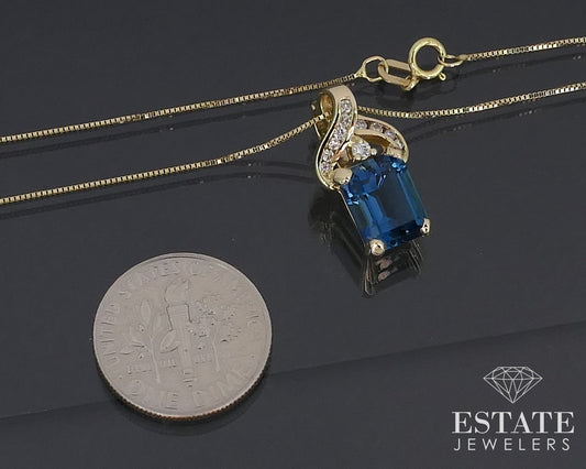 14K Yellow Gold Natural London Blue Topaz & Diamond Necklace 3.5g 18"L i16068