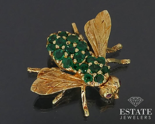 18k Yellow Gold Herbert Rosenthal Emerald & Ruby Bee Bug Pin Brooch 5g i16036