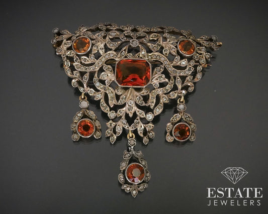 Antique Georgian 15k Yellow Gold Citrine & Rose Cut Diamond Brooch 27.8g i16025