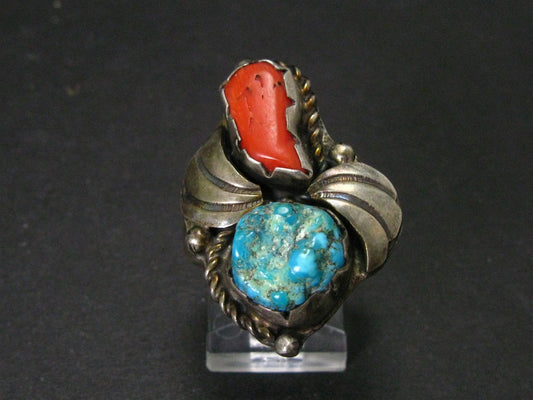Vintage Sterling Navajo Natural Turquoise & Coral Ladies Shield Ring 9g i16150