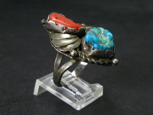 Vintage Sterling Navajo Natural Turquoise & Coral Ladies Shield Ring 9g i16150