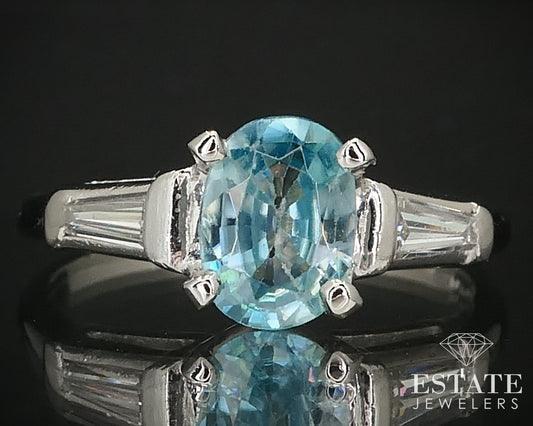 Antique Platinum Oval Natural Blue Zircon & Diamond Engagement Ring 5.9g i16157