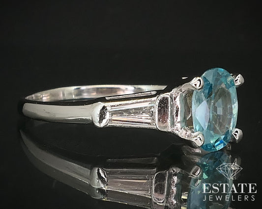 Antique Platinum Oval Natural Blue Zircon & Diamond Engagement Ring 5.9g i16157