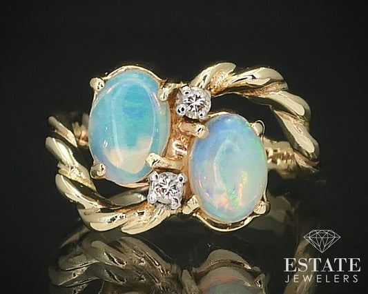 14K Yellow Gold Bypass Natural Opal Diamond Ring 3.8g i16164