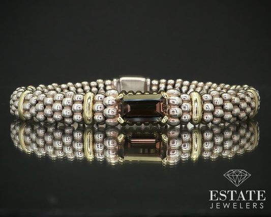 18k & Sterling LAGOS Caviar Natural Smoky Quartz Bracelet 48.3g 7"L i16194