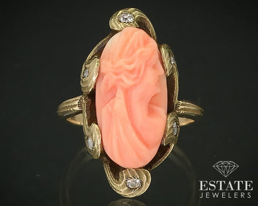 Antique 10k Yellow Gold Natural Coral Cameo & Diamond Ring 3.5g p66496