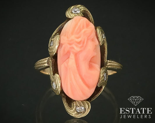 Antique 10k Yellow Gold Natural Coral Cameo & Diamond Ring 3.5g i16199