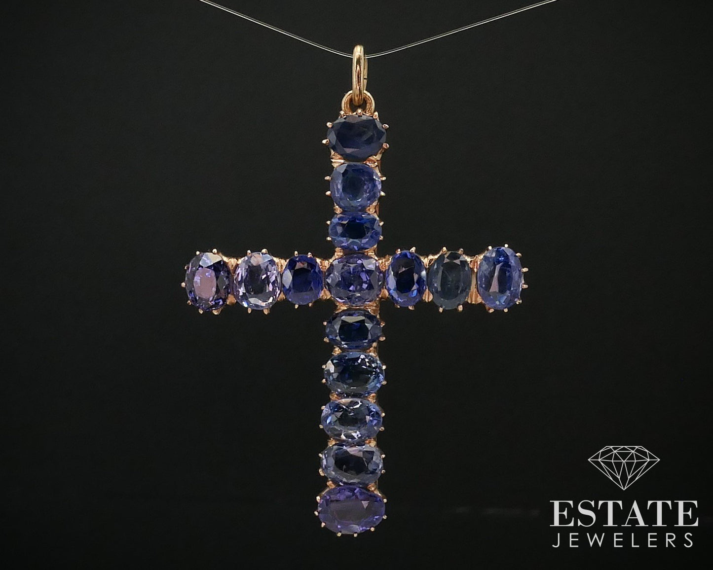 Antique Victorian 12k Gold IGI Natural 15ctw Blue Sapphire Cross Pendant i14165