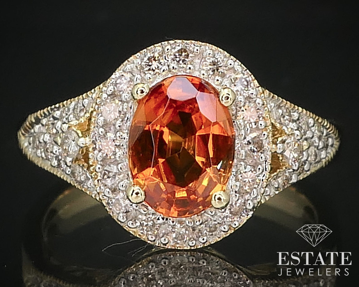 14k Yellow Gold Natural Spessartine Garnet & Diamond Halo Ring 4.6g i15860