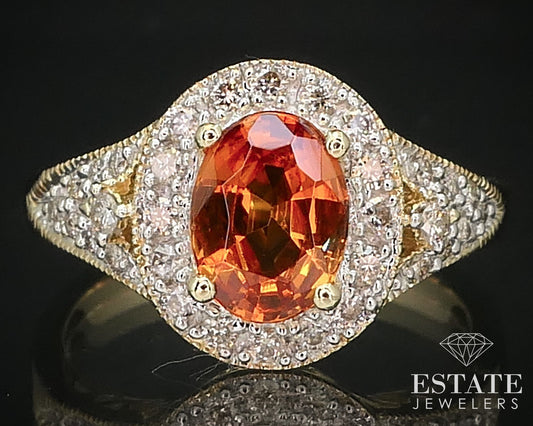 14k Yellow Gold Natural Spessartine Garnet & Diamond Halo Ring 4.6g i15860