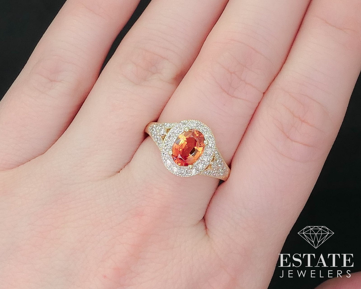 14k Yellow Gold Natural Spessartine Garnet & Diamond Halo Ring 4.6g i15860