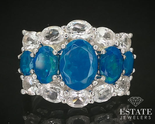 Sterling Silver Natural Blue Opal & White Topaz Ladies Ring 4.9g i16271