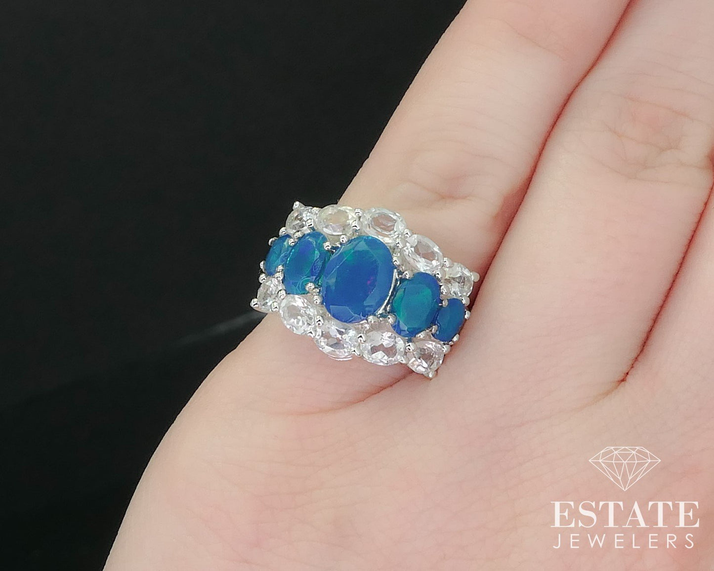 Sterling Silver Natural Blue Opal & White Topaz Ladies Ring 4.9g i16271