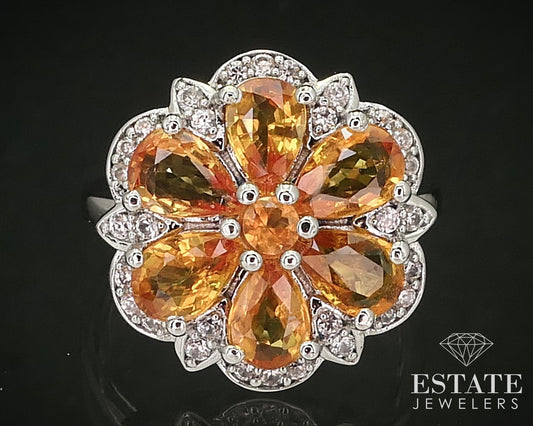 Sterling Natural Hessonite Garnet & White Sapphire Flower Ring 4.9g i16270