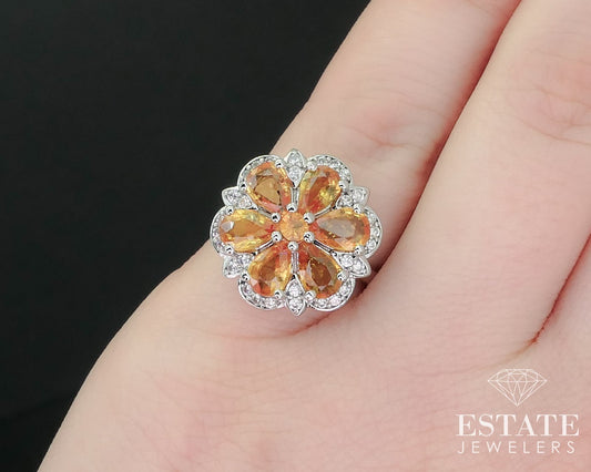 Sterling Natural Hessonite Garnet & White Sapphire Flower Ring 4.9g i16270