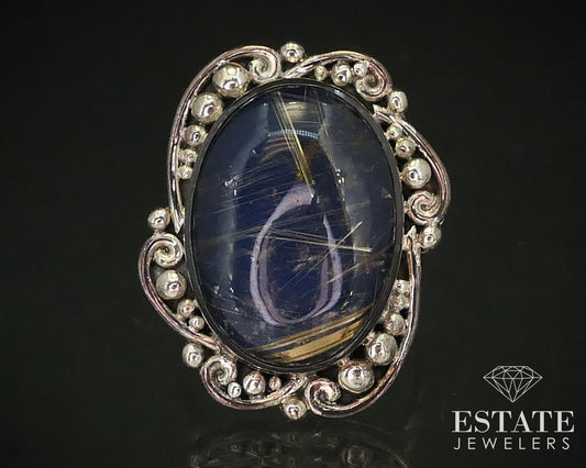 Sterling Oval Natural Blue Rutilated Quartz SAJEN Ladies Ring 9.0g i16265
