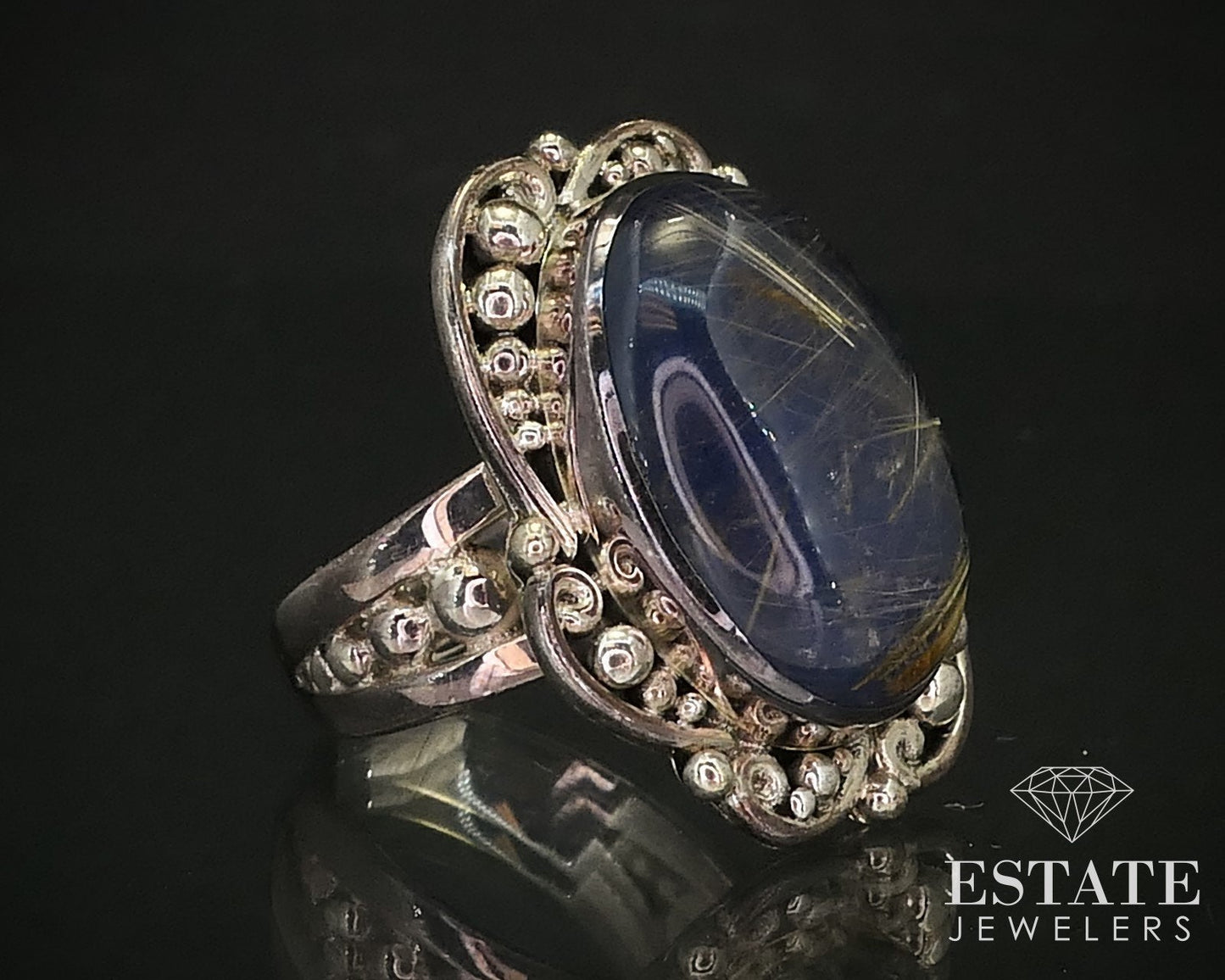 Sterling Oval Natural Blue Rutilated Quartz SAJEN Ladies Ring 9.0g i16265