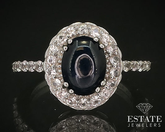 Sterling Natural Blue Star Sapphire & White Sapphire Halo Ring 2.9g i16262