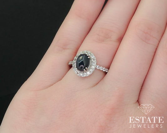 Sterling Natural Blue Star Sapphire & White Sapphire Halo Ring 2.9g i16262