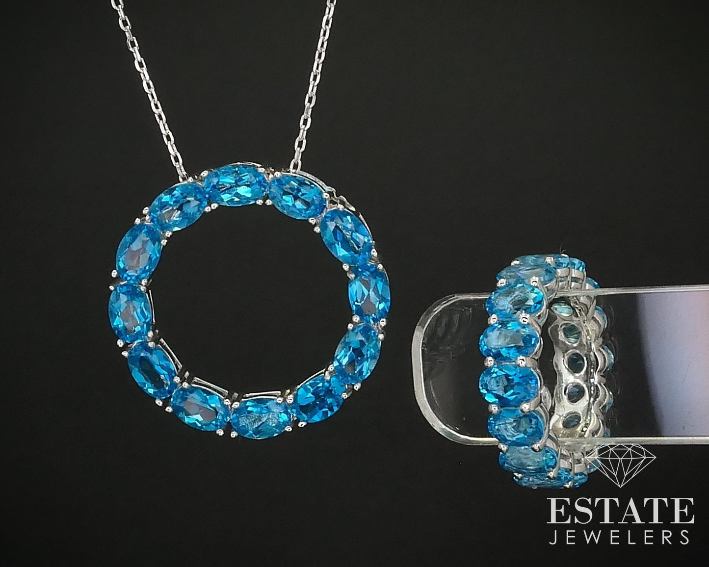 Sterling Natural Swiss Blue Topaz Eternity Band Ring & Necklace Set 10g i16273