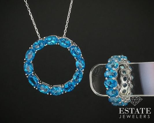 Sterling Natural Swiss Blue Topaz Eternity Band Ring & Necklace Set 10g i16273