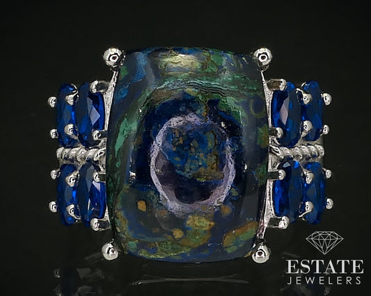Sterling Signed DK Natural Azurite & Blue Quartz Ladies Ring 8.7g i16249