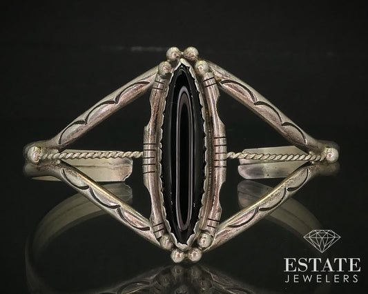 Vintage Sterling Silver Sylvia Chee Black Onyx Navajo Cuff Bracelet 19g i16287