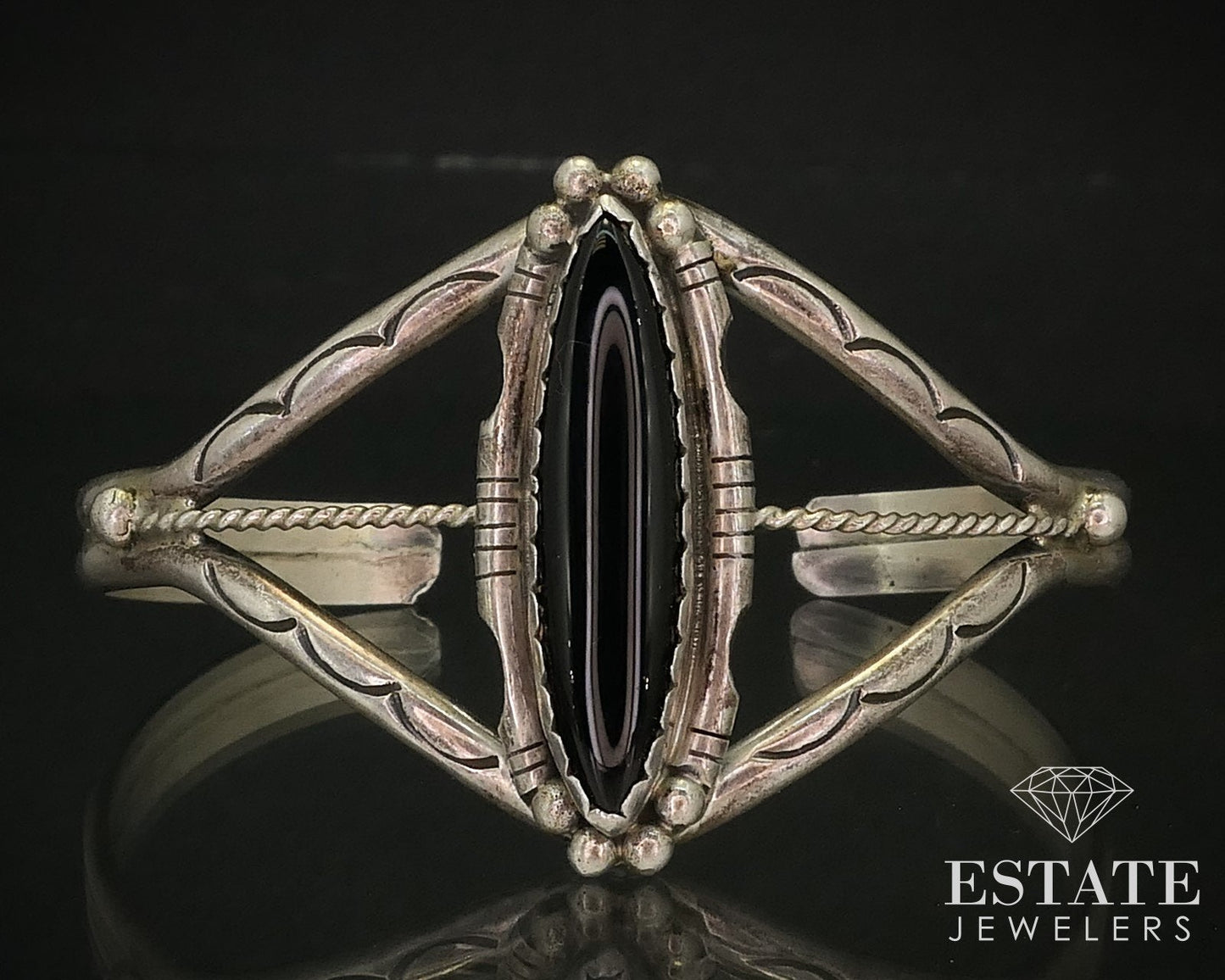 Vintage Sterling Silver Sylvia Chee Black Onyx Navajo Cuff Bracelet 19g i16287