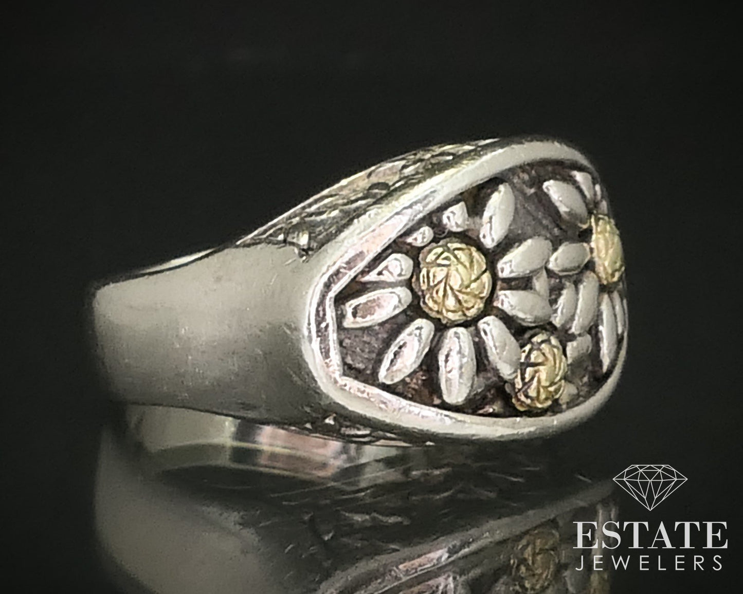 18k & Sterling 925 Daisy Flower Ann King Ladies Band Ring 9.9g i16279