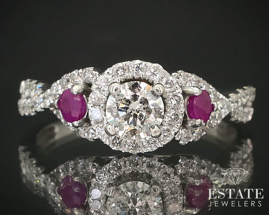 14k White Gold Round Natural .70ctw Diamond & Ruby Engagement Ring 3g i16246