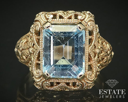 Antique 10k Yellow Gold Natural 3.7ct Blue Topaz Filigree Ring 5.1g i16229