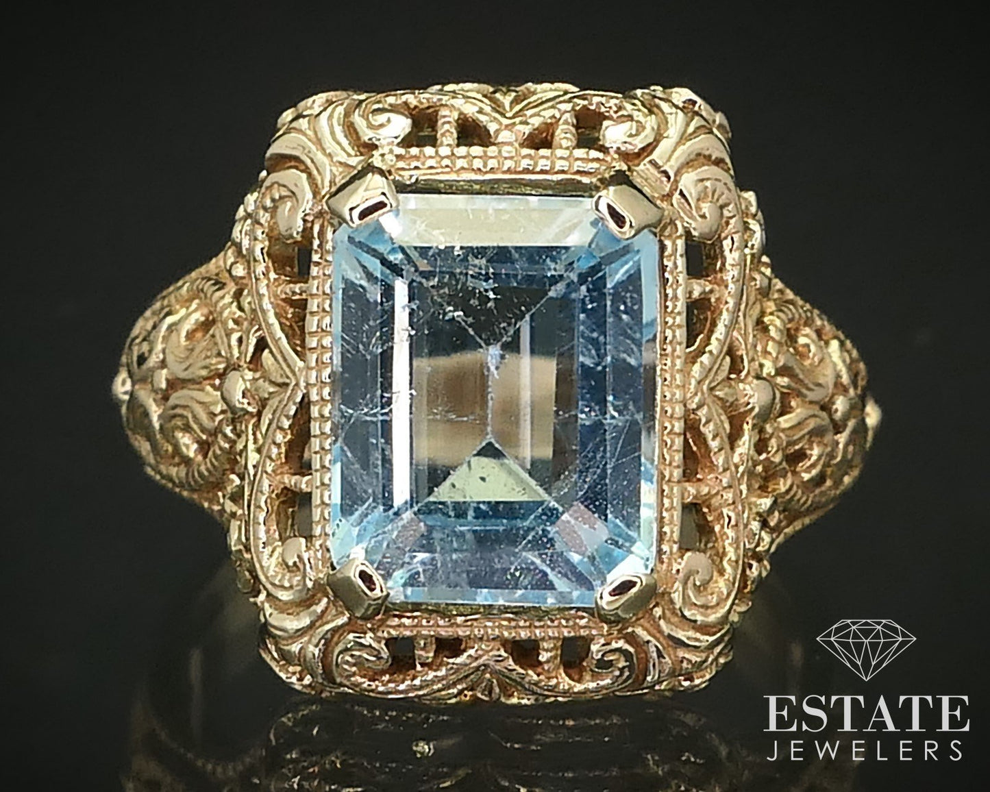 Antique 10k Yellow Gold Natural 3.7ct Blue Topaz Filigree Ring 5.1g p66970