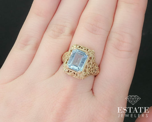 Antique 10k Yellow Gold Natural 3.7ct Blue Topaz Filigree Ring 5.1g i16229