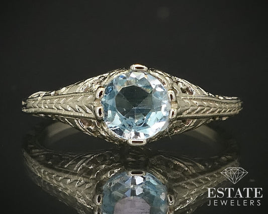 Antique 18k White Gold Natural .95ct Aquamarine Filigree Ring 2.9g i16237