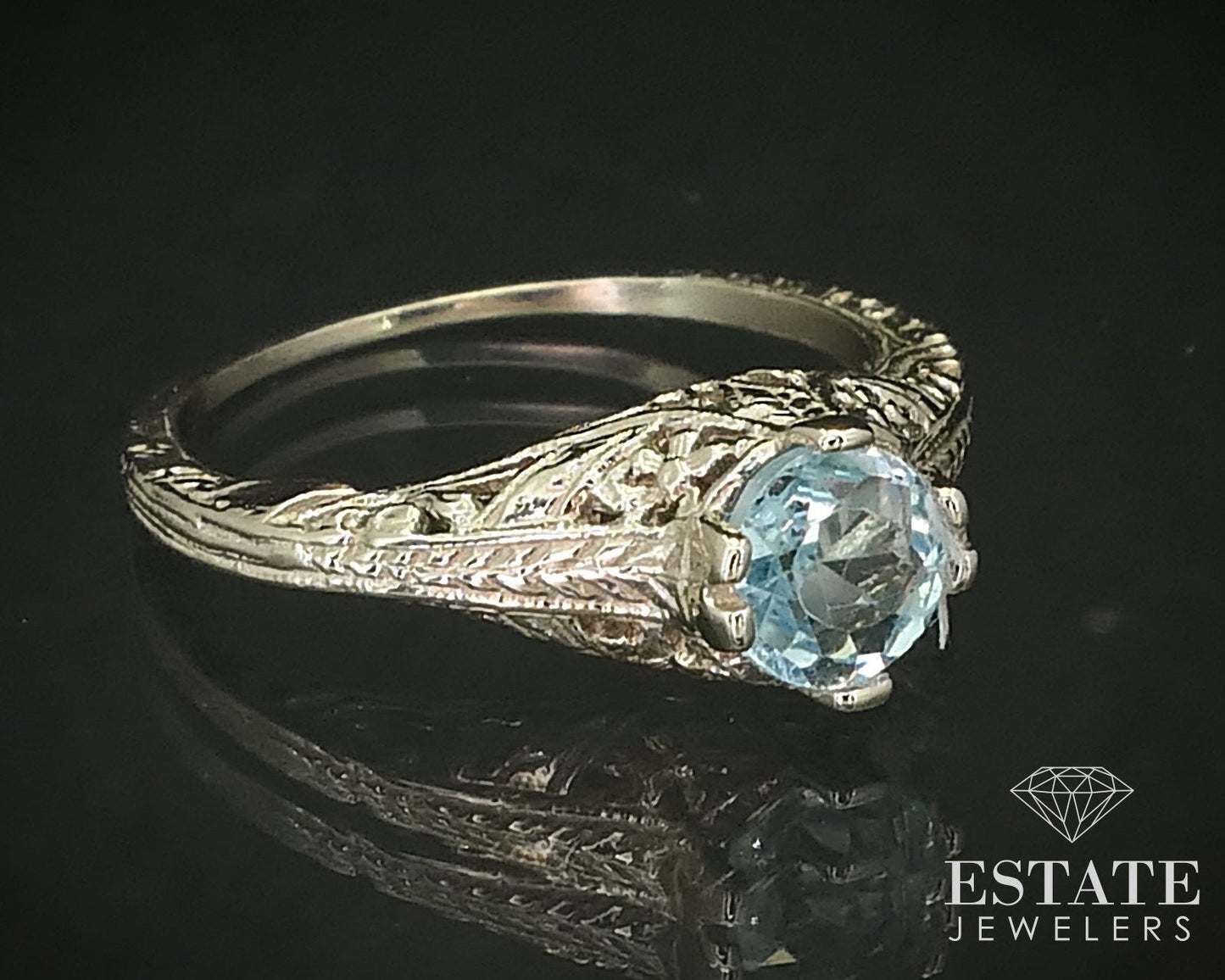 Antique 18k White Gold Natural .95ct Aquamarine Filigree Ring 2.9g i16237