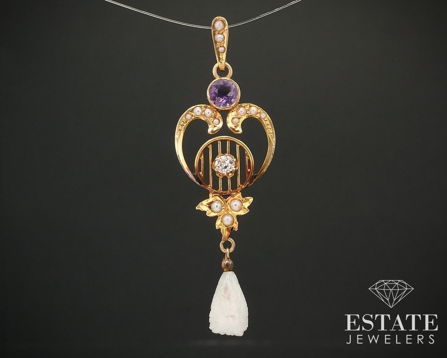 Antique Edwardian 14k Yellow Gold Diamond & Amethyst Lavalier Pendant i16215