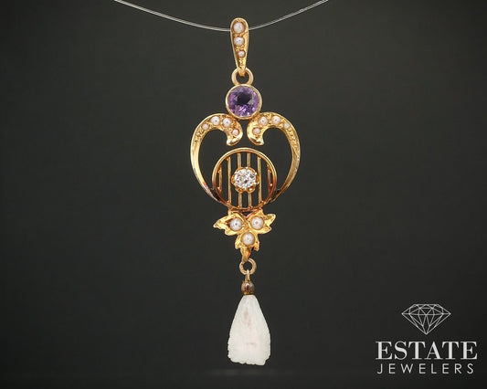 Antique Edwardian 14k Yellow Gold Diamond & Amethyst Lavalier Pendant i16215