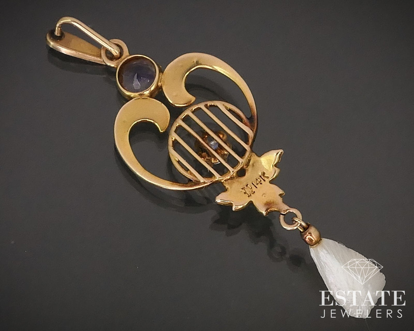 Antique Edwardian 14k Yellow Gold Diamond & Amethyst Lavalier Pendant i16215
